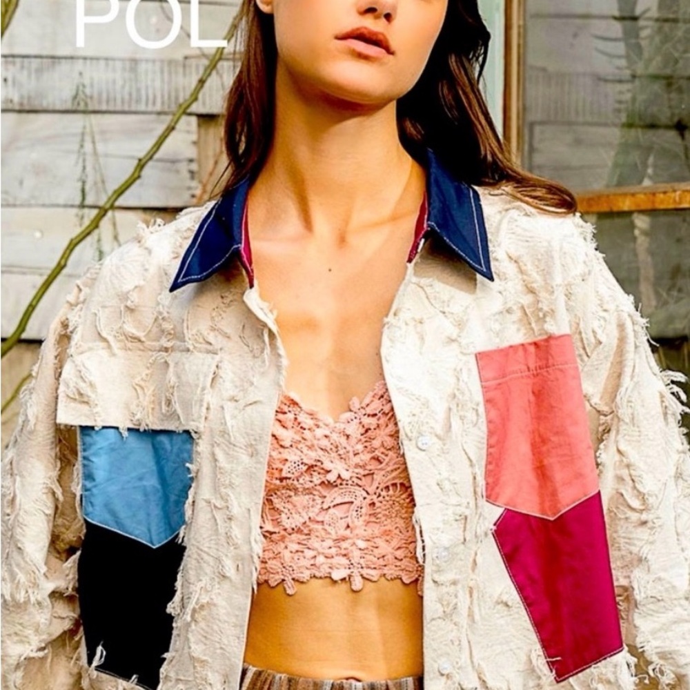 Pol Cream Patchwork Distressed Jean Jacket With B… - image 1